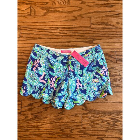 Lilly Pulitzer Buttercup Stretch Knit Shorts Corsica Blue Turtle Villa Sz 8 NWT - Picture 1 of 5